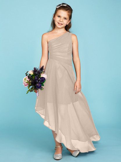 A-Line One Shoulder Asymmetrical Chiffon Junior Bridesmaid Dress With Side Draping / Wedding Party