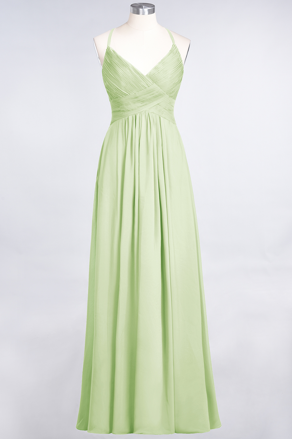 A-Line Chiffon Spaghetti-Straps V-Neck Sleeveless Floor-Length Bridesmaid Dress with Ruffles