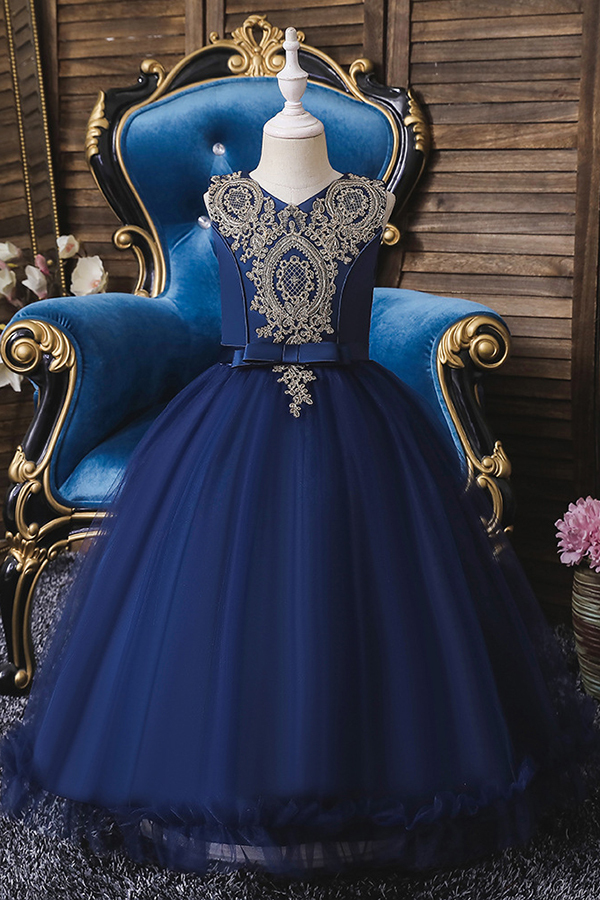 FS9975 Appliques Scoop Tea Length Flower Girl Dress