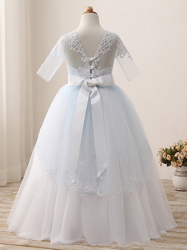 Long Ball Gown Jewel Neck Tulle Floor Length Birthday Party Dresses with Sleeves