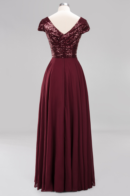A-Line Burgundy Chiffon Sequined V-Neck Sleeveless Ruffles Bridesmaid Dresses