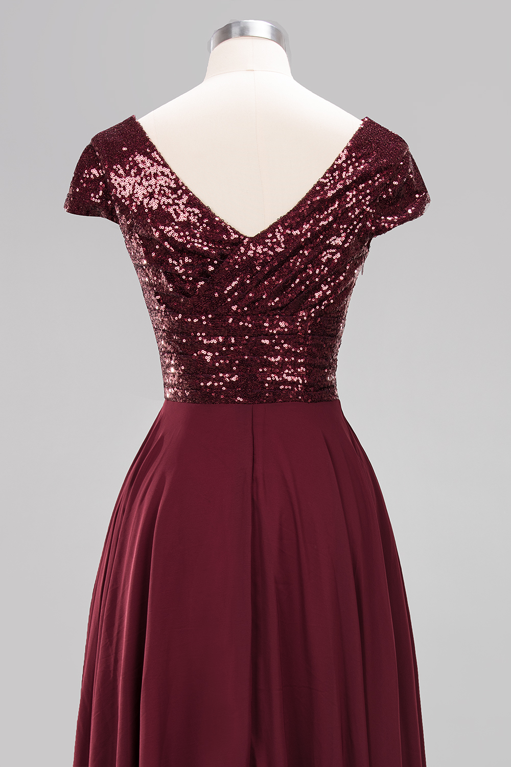 A-Line Burgundy Chiffon Sequined V-Neck Sleeveless Ruffles Bridesmaid Dresses