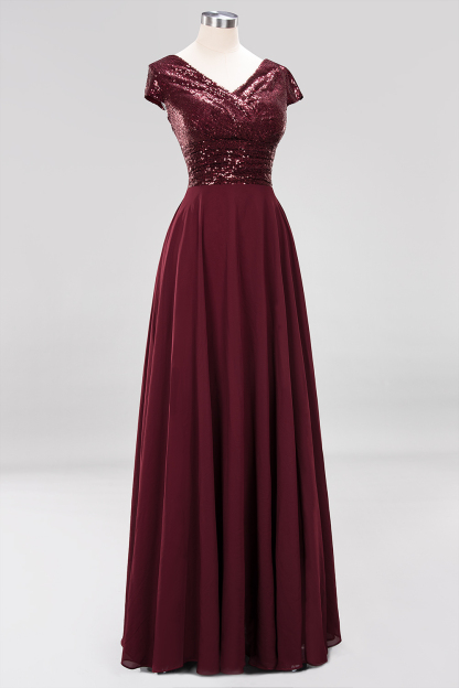 A-Line Burgundy Chiffon Sequined V-Neck Sleeveless Ruffles Bridesmaid Dresses