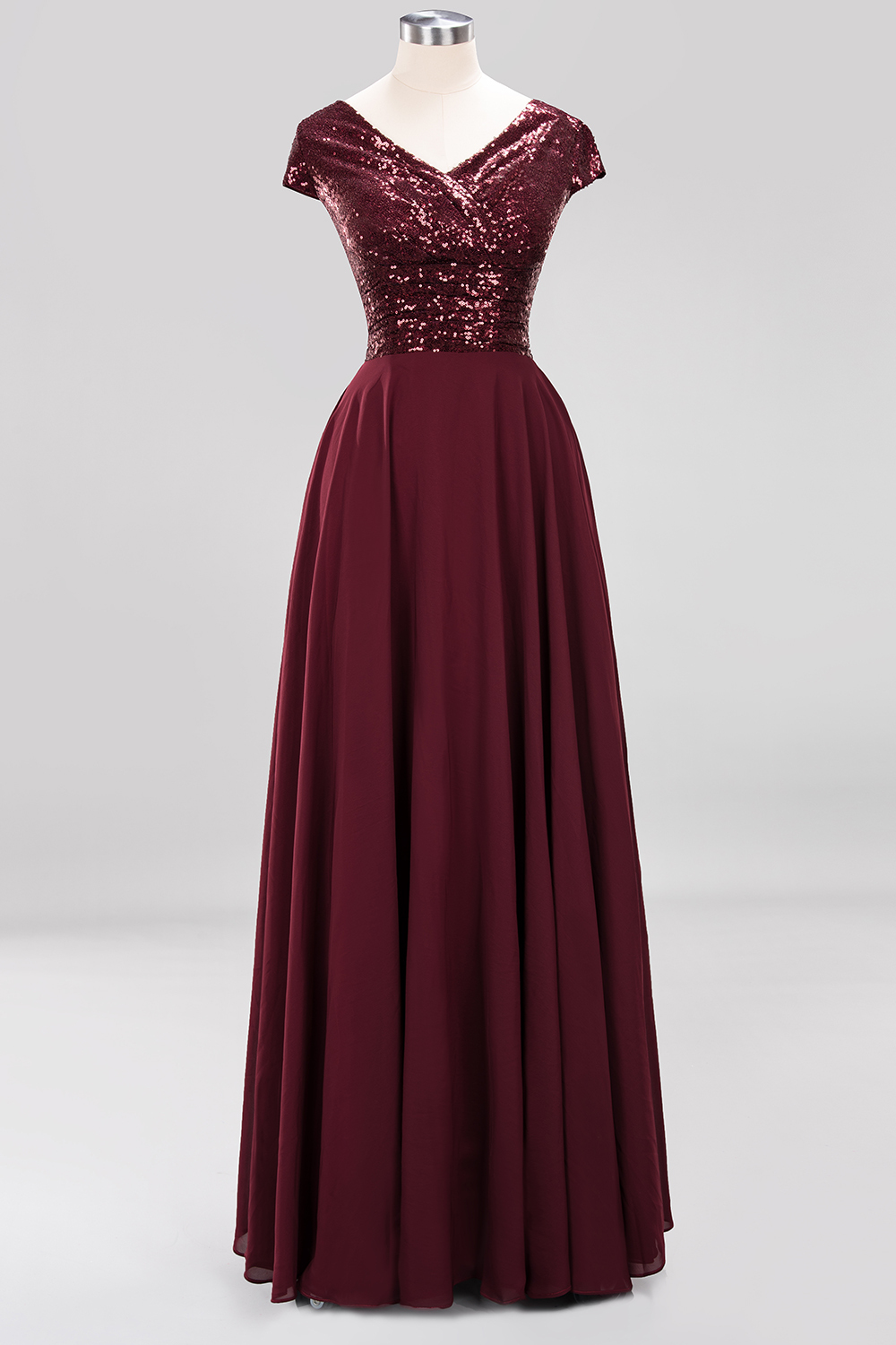 A-Line Burgundy Chiffon Sequined V-Neck Sleeveless Ruffles Bridesmaid Dresses