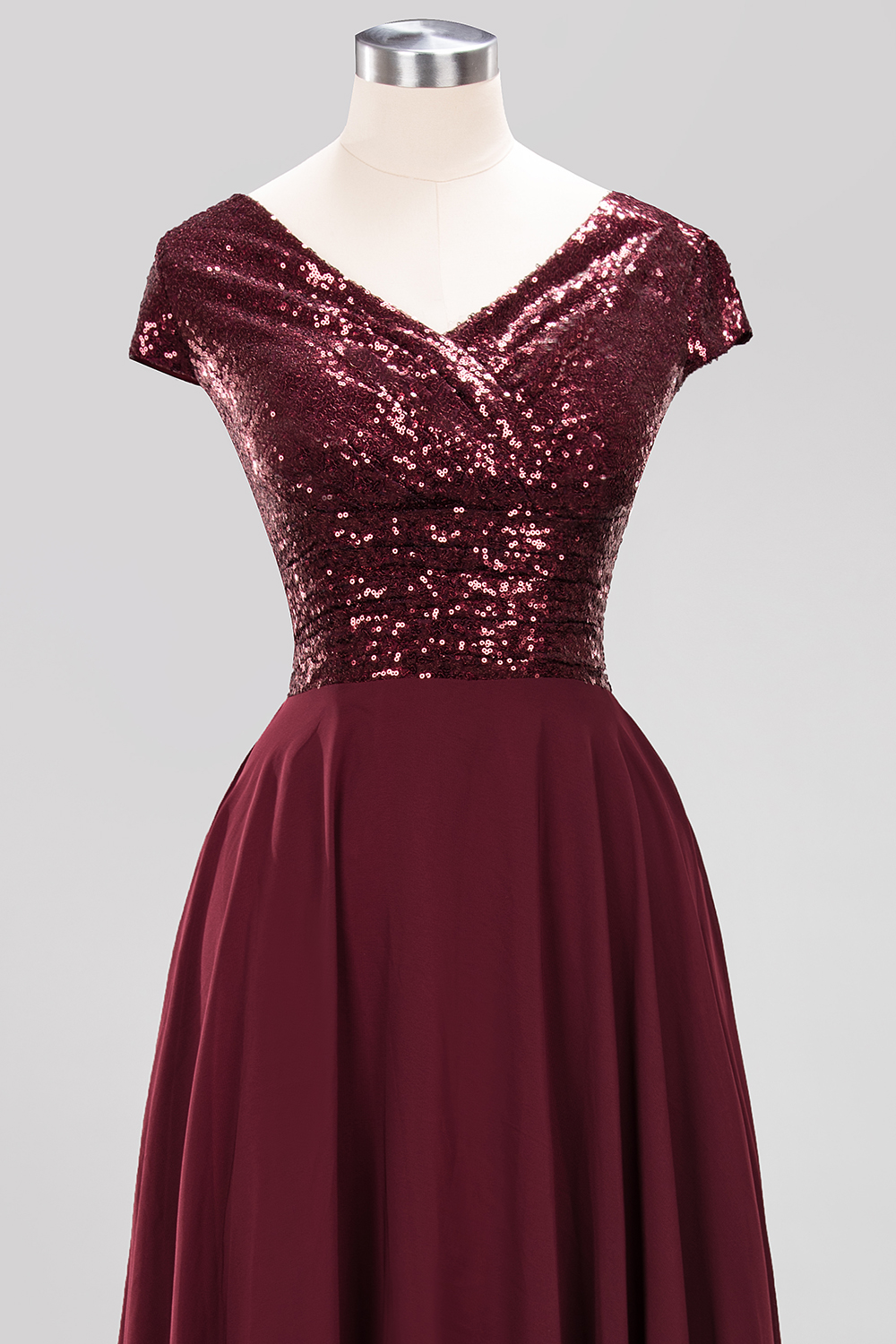 A-Line Burgundy Chiffon Sequined V-Neck Sleeveless Ruffles Bridesmaid Dresses