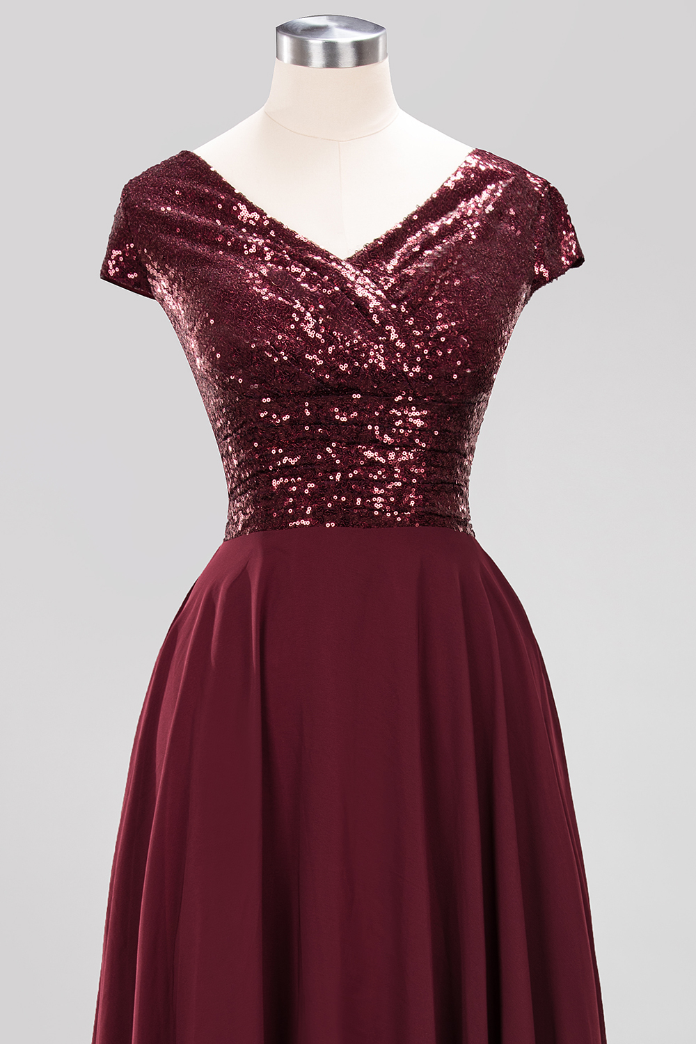 A-Line Burgundy Chiffon Sequined V-Neck Sleeveless Ruffles Bridesmaid Dresses