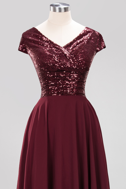 A-Line Burgundy Chiffon Sequined V-Neck Sleeveless Ruffles Bridesmaid Dresses