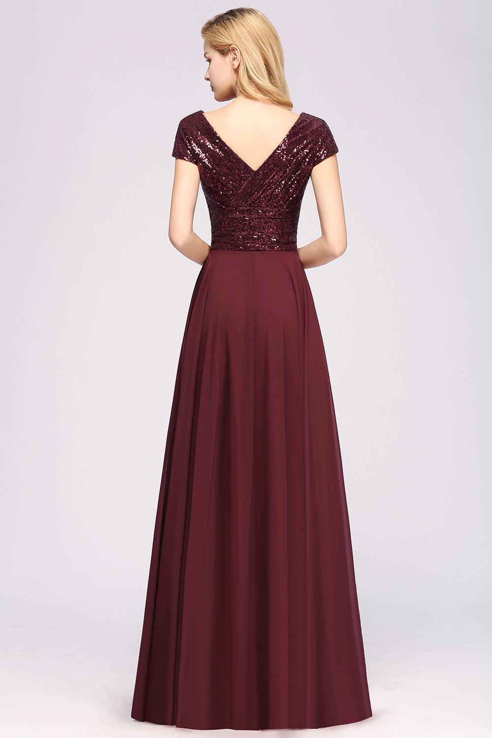 A-Line Burgundy Chiffon Sequined V-Neck Sleeveless Ruffles Bridesmaid Dresses