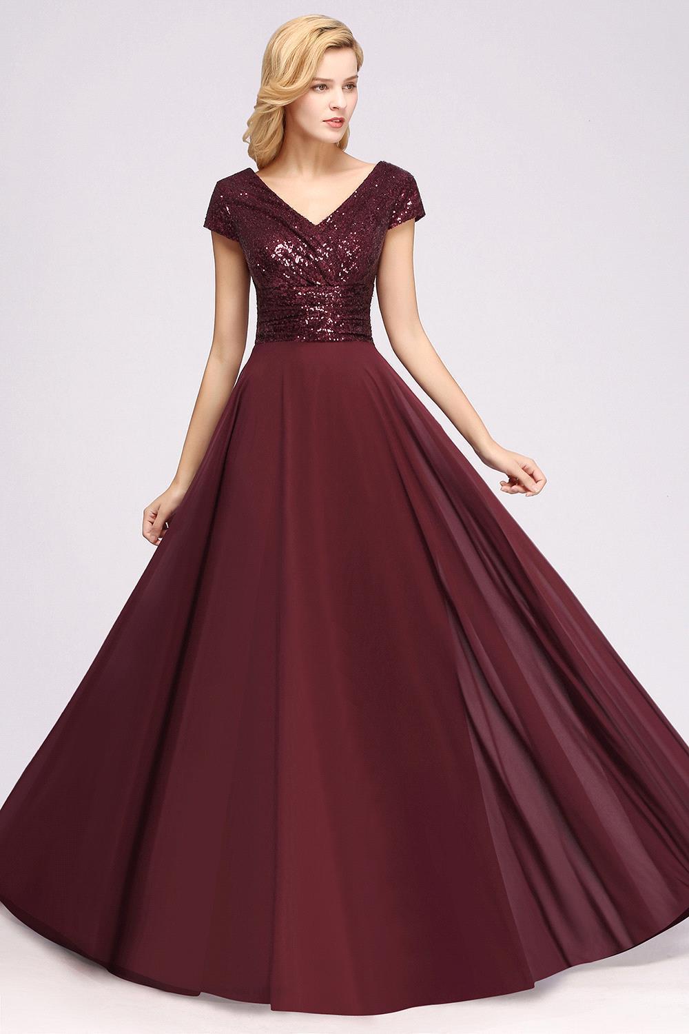 A-Line Burgundy Chiffon Sequined V-Neck Sleeveless Ruffles Bridesmaid Dresses