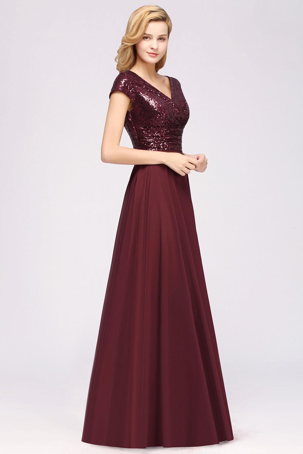 A-Line Burgundy Chiffon Sequined V-Neck Sleeveless Ruffles Bridesmaid Dresses