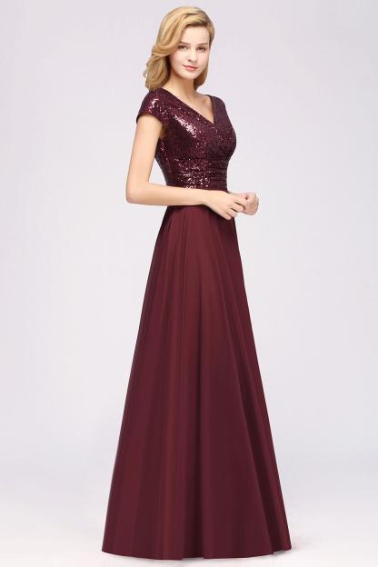 A-Line Burgundy Chiffon Sequined V-Neck Sleeveless Ruffles Bridesmaid Dresses