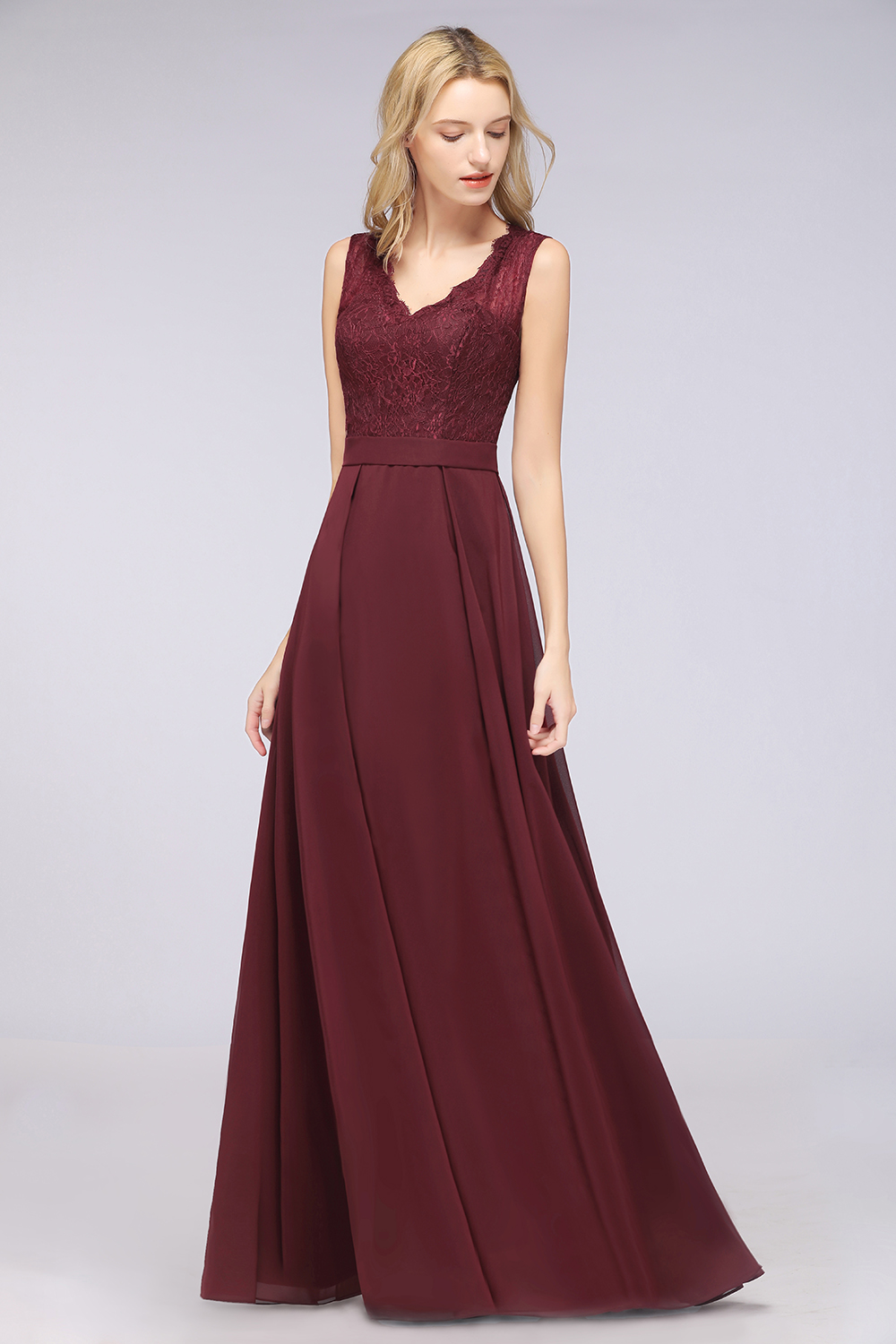 A-Line Chiffon Lace V-Neck Sleeveless Floor-Length Bridesmaid Dress