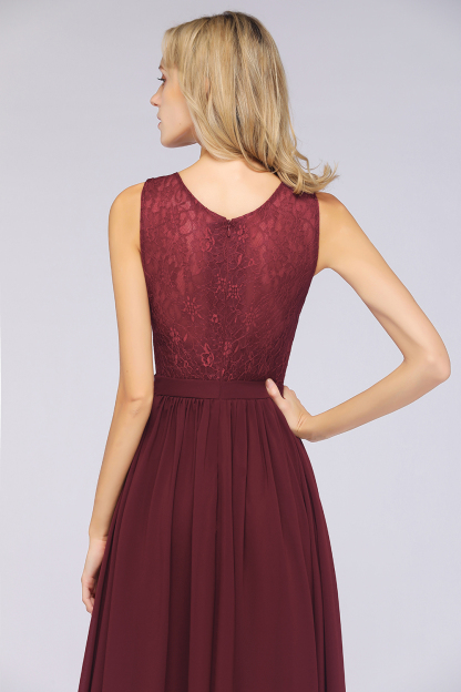 A-Line Chiffon Lace V-Neck Sleeveless Floor-Length Bridesmaid Dress with Ruffles