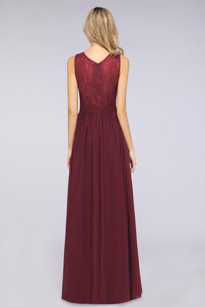 A-Line Chiffon Lace V-Neck Sleeveless Floor-Length Bridesmaid Dress with Ruffles
