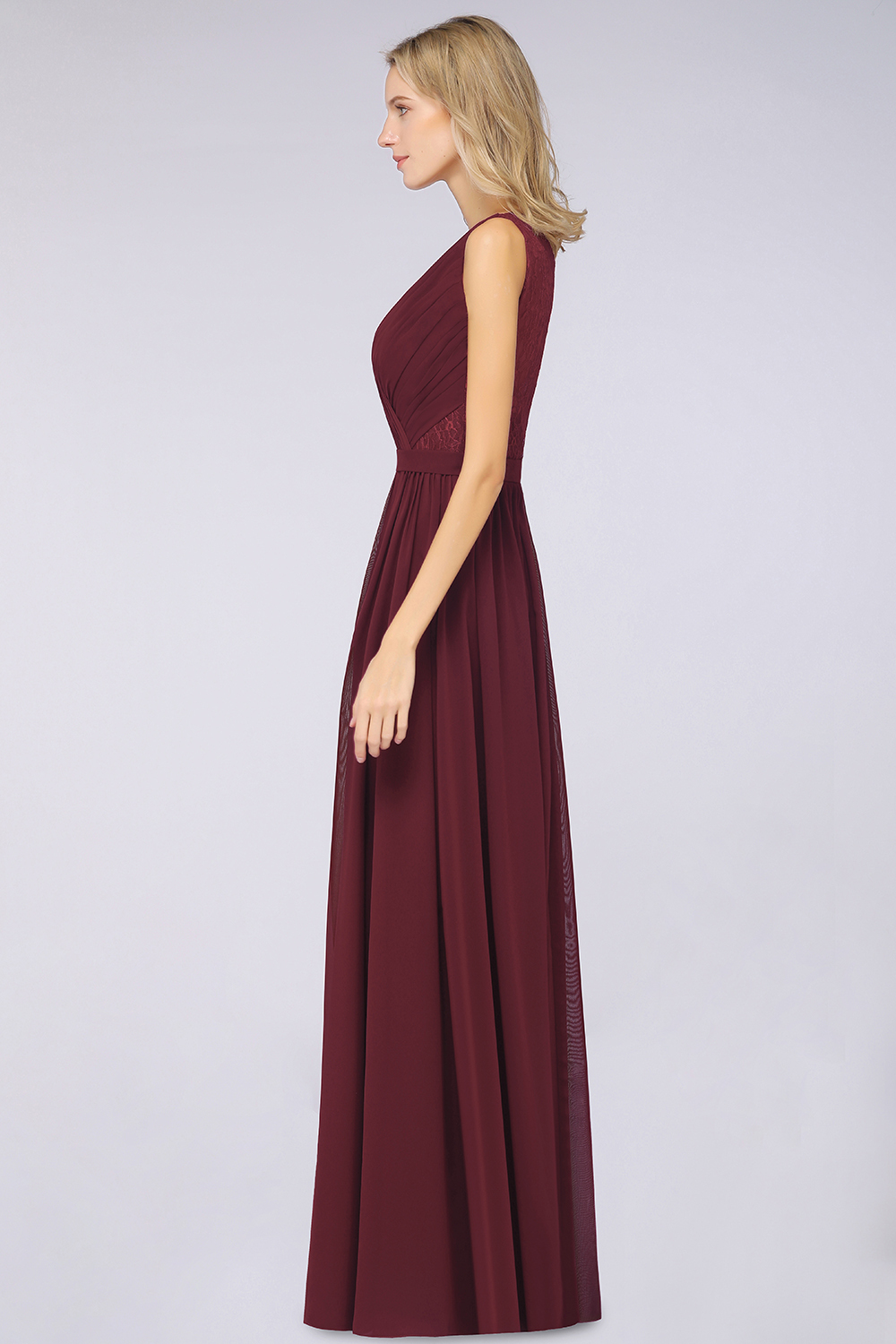 A-Line Chiffon Lace V-Neck Sleeveless Floor-Length Bridesmaid Dress with Ruffles