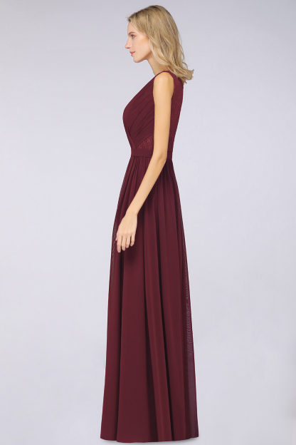 A-Line Chiffon Lace V-Neck Sleeveless Floor-Length Bridesmaid Dress with Ruffles