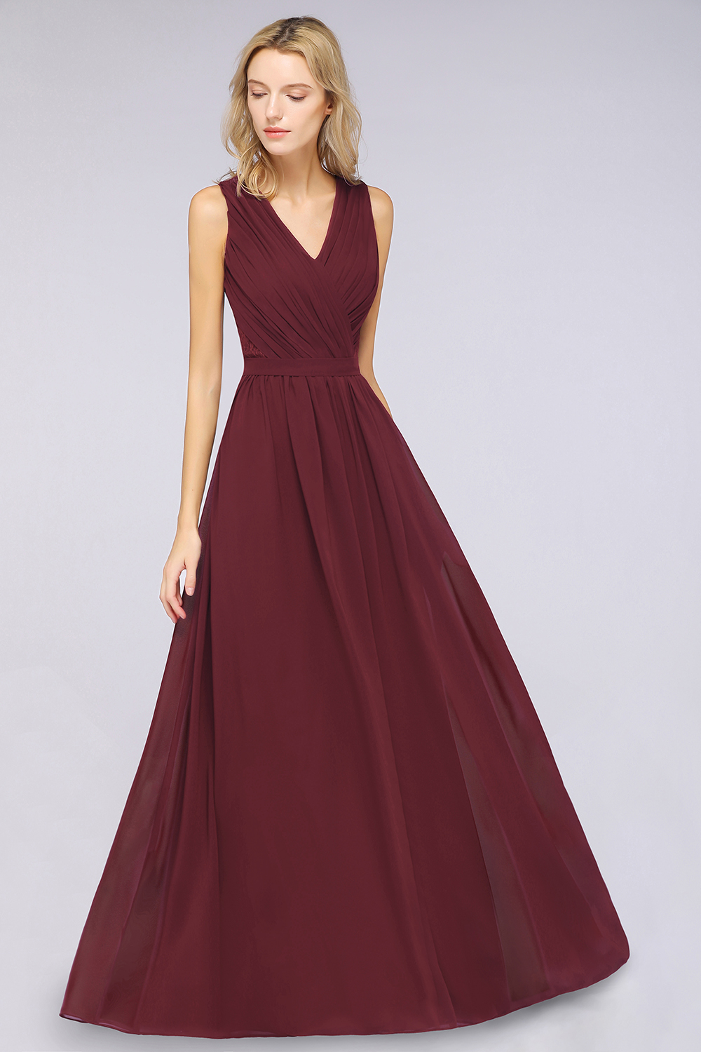A-Line Chiffon Lace V-Neck Sleeveless Floor-Length Bridesmaid Dress with Ruffles