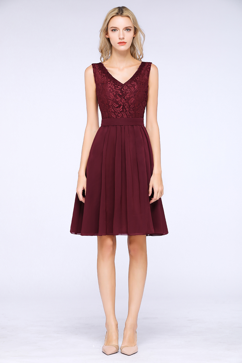 A-Line Chiffon Lace V-Neck Sleeveless Knee-Length Bridesmaid Dress with Ruffles