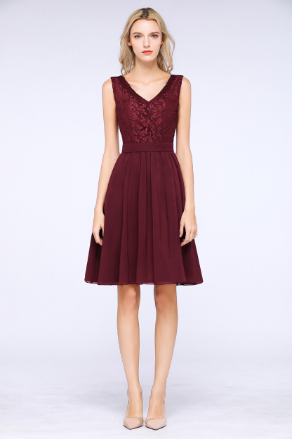 A-Line Chiffon Lace V-Neck Sleeveless Knee-Length Bridesmaid Dress with Ruffles