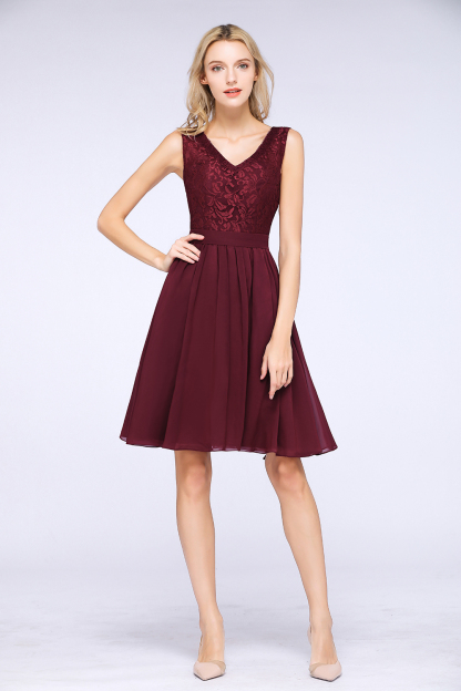 A-Line Chiffon Lace V-Neck Sleeveless Knee-Length Bridesmaid Dress with Ruffles