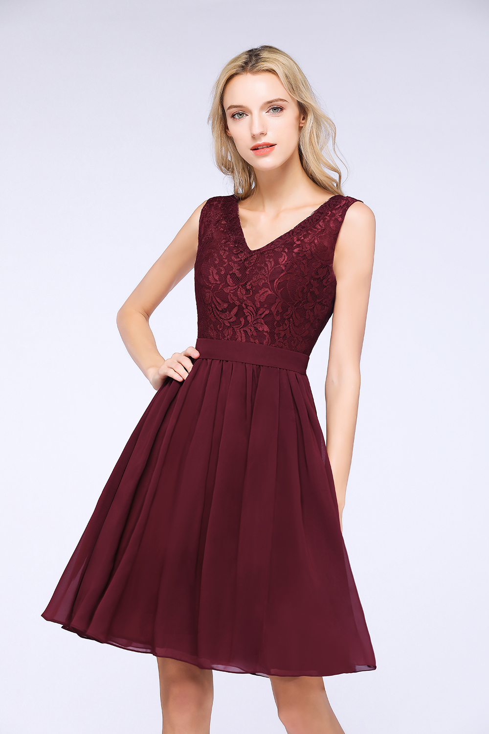 A-Line Chiffon Lace V-Neck Sleeveless Knee-Length Bridesmaid Dress with Ruffles
