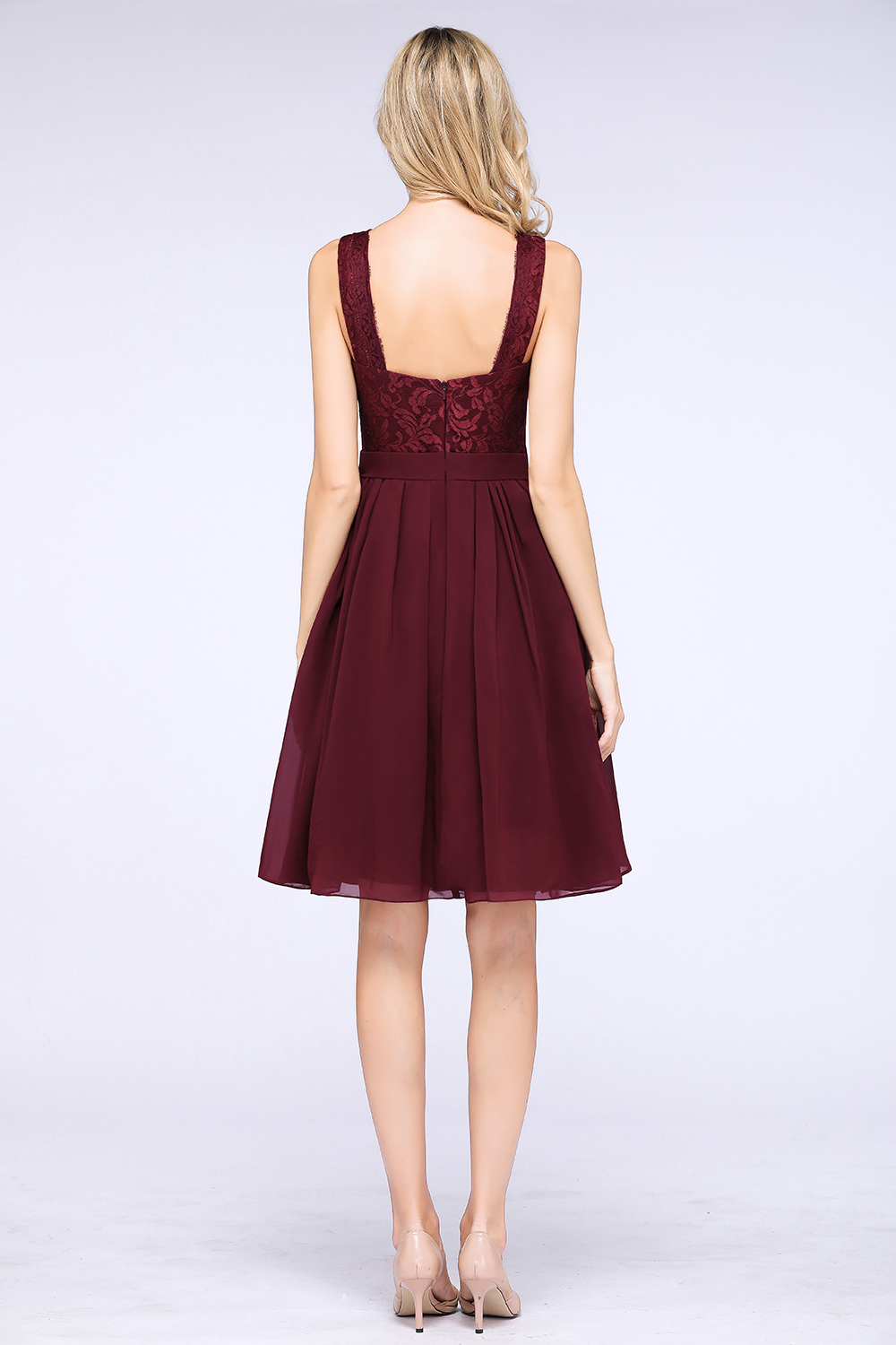 A-Line Chiffon Lace V-Neck Sleeveless Knee-Length Bridesmaid Dress with Ruffles