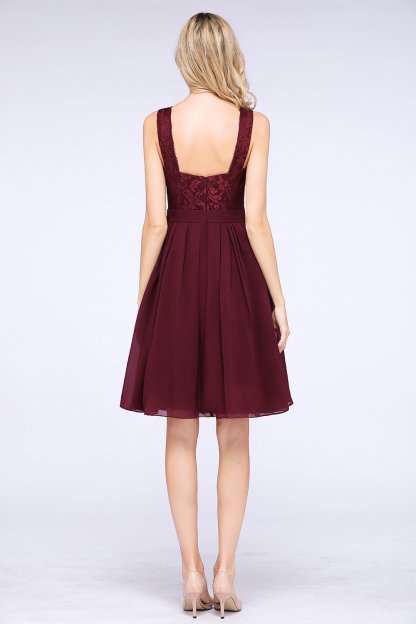 A-Line Chiffon Lace V-Neck Sleeveless Knee-Length Bridesmaid Dress with Ruffles