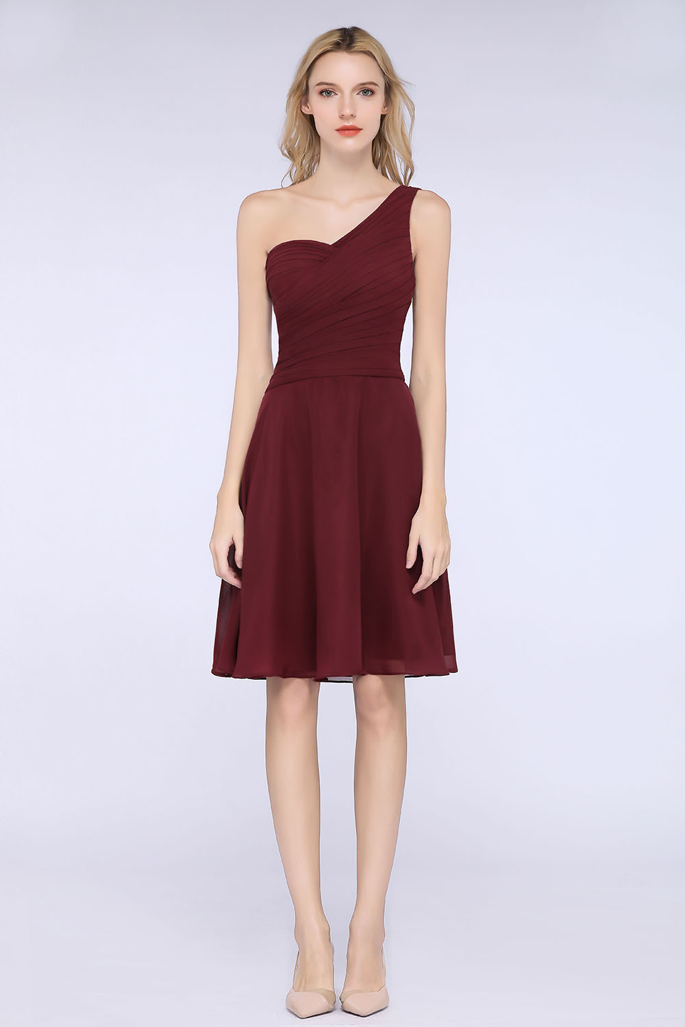 A-Line Chiffon One-Shoulder Sweetheart Sleeveless Knee-Length Bridesmaid Dress with Ruffles