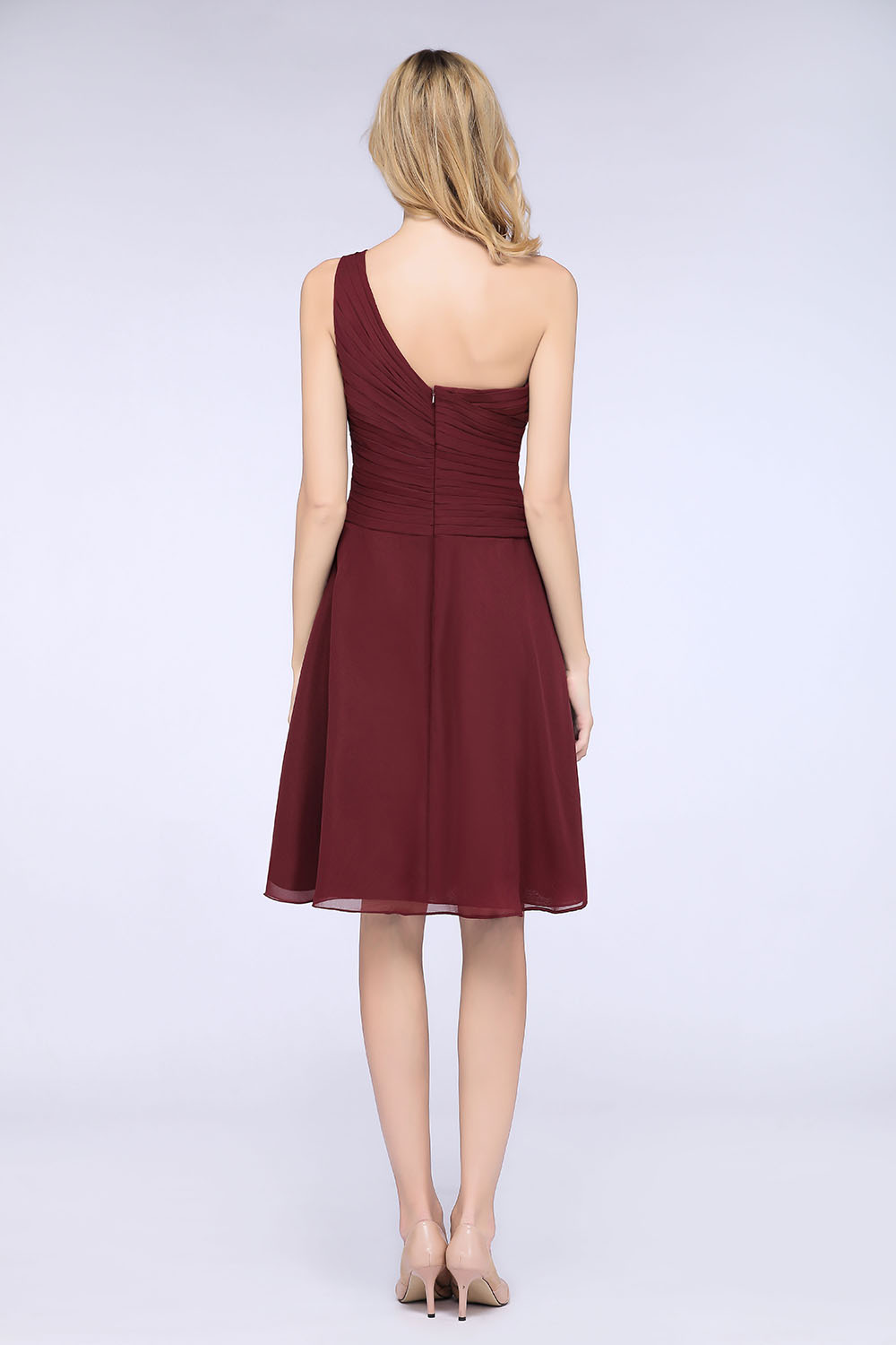 A-Line Chiffon One-Shoulder Sweetheart Sleeveless Knee-Length Bridesmaid Dress with Ruffles