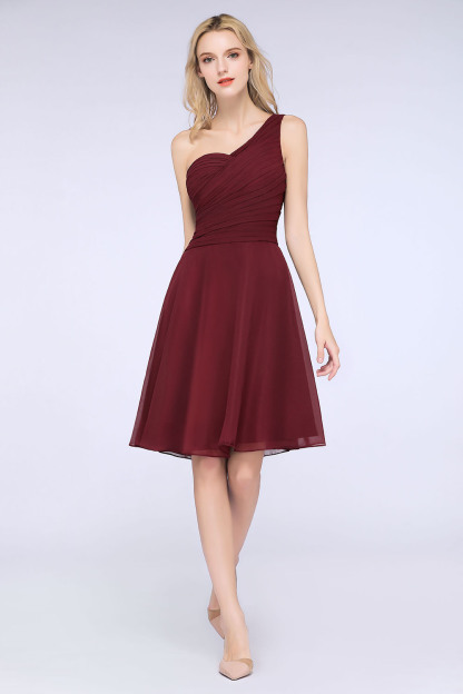 A-Line Chiffon One-Shoulder Sweetheart Sleeveless Knee-Length Bridesmaid Dress with Ruffles