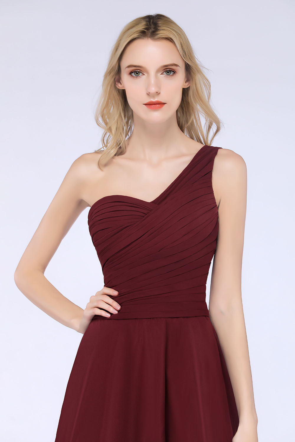 A-Line Chiffon One-Shoulder Sweetheart Sleeveless Knee-Length Bridesmaid Dress with Ruffles