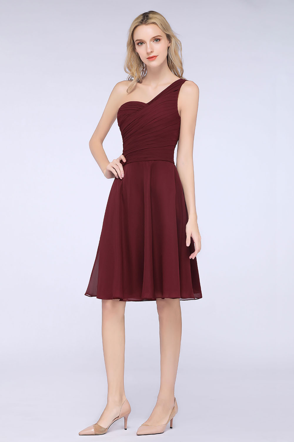 A-Line Chiffon One-Shoulder Sweetheart Sleeveless Knee-Length Bridesmaid Dress with Ruffles