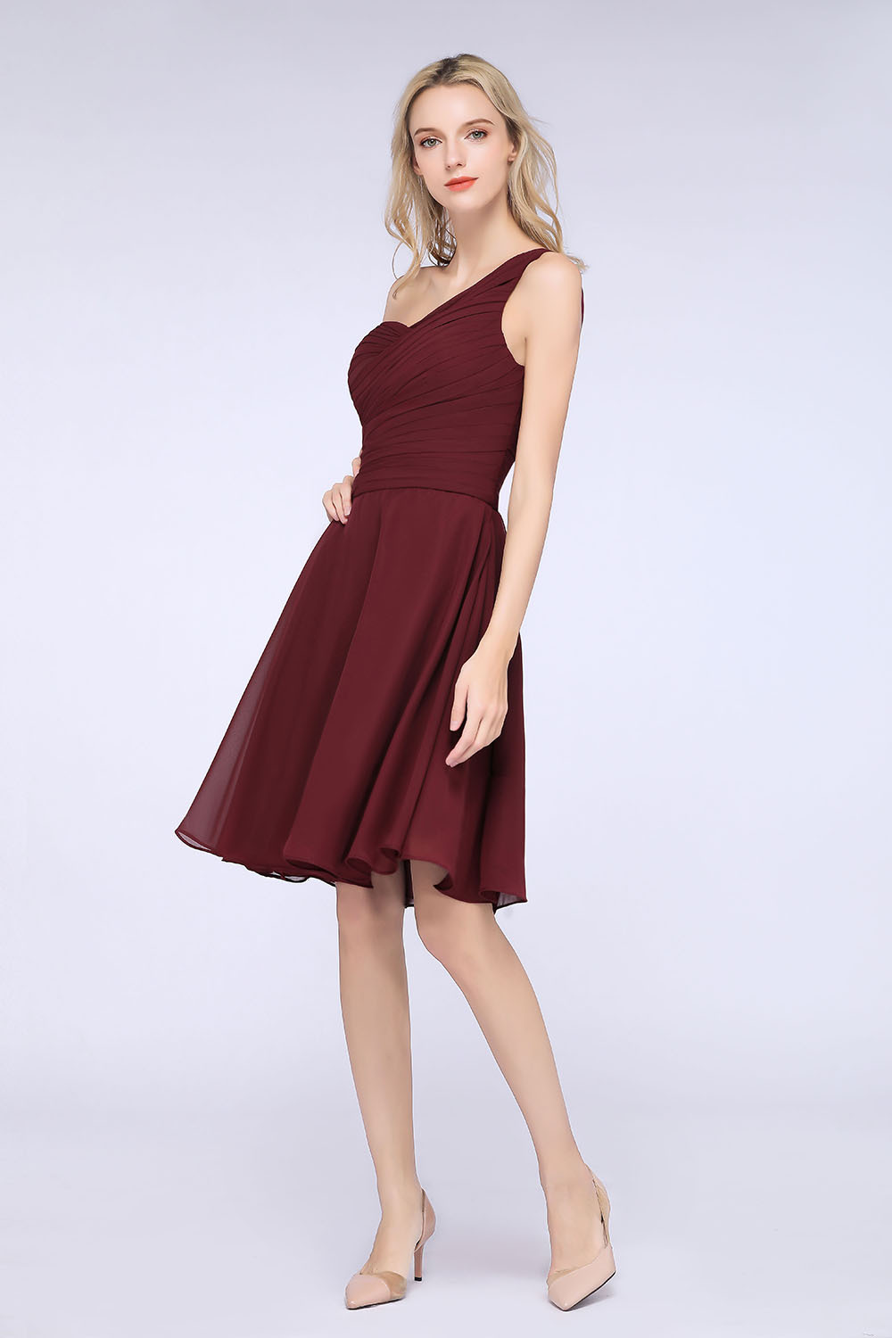 A-Line Chiffon One-Shoulder Sweetheart Sleeveless Knee-Length Bridesmaid Dress with Ruffles