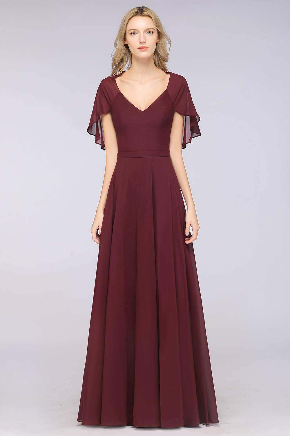 A-Line Chiffon Satin V-Neck short-sleeves Floor-Length Bridesmaid Dress