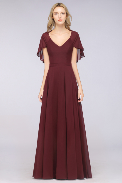 A-Line Chiffon Satin V-Neck short-sleeves Floor-Length Bridesmaid Dress