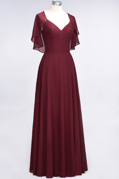 A-Line Chiffon Satin V-Neck short-sleeves Floor-Length Bridesmaid Dress