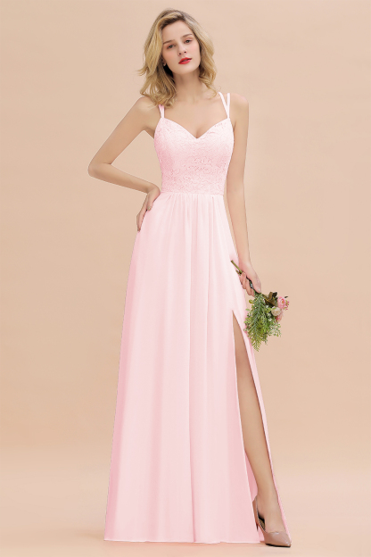 Beautiful A-Line Chiffon Spaghetti Straps Sweetheart Floor Length Split Bridesmaid Dress