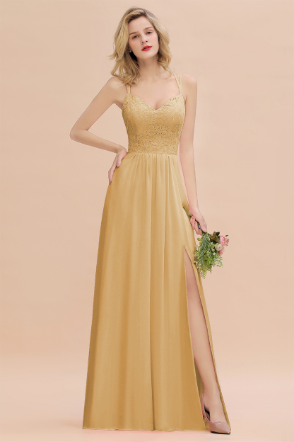 Beautiful A-Line Chiffon Spaghetti Straps Sweetheart Floor Length Split Bridesmaid Dress