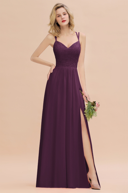 Beautiful A-Line Chiffon Spaghetti Straps Sweetheart Floor Length Split Bridesmaid Dress