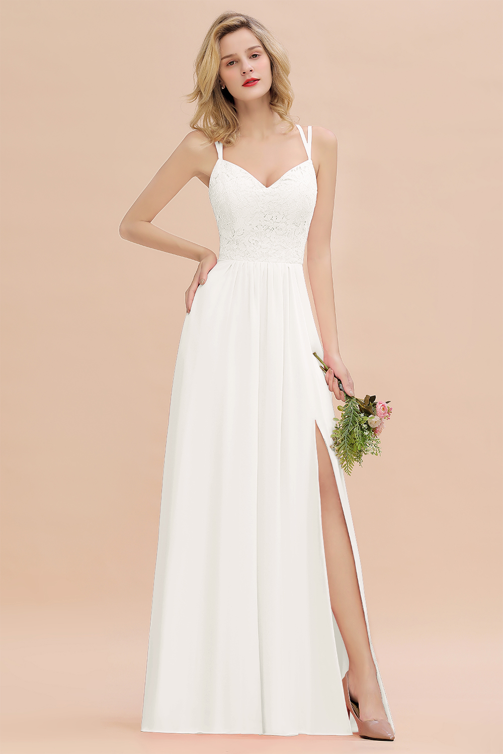 Beautiful A-Line Chiffon Spaghetti Straps Sweetheart Floor Length Split Bridesmaid Dress