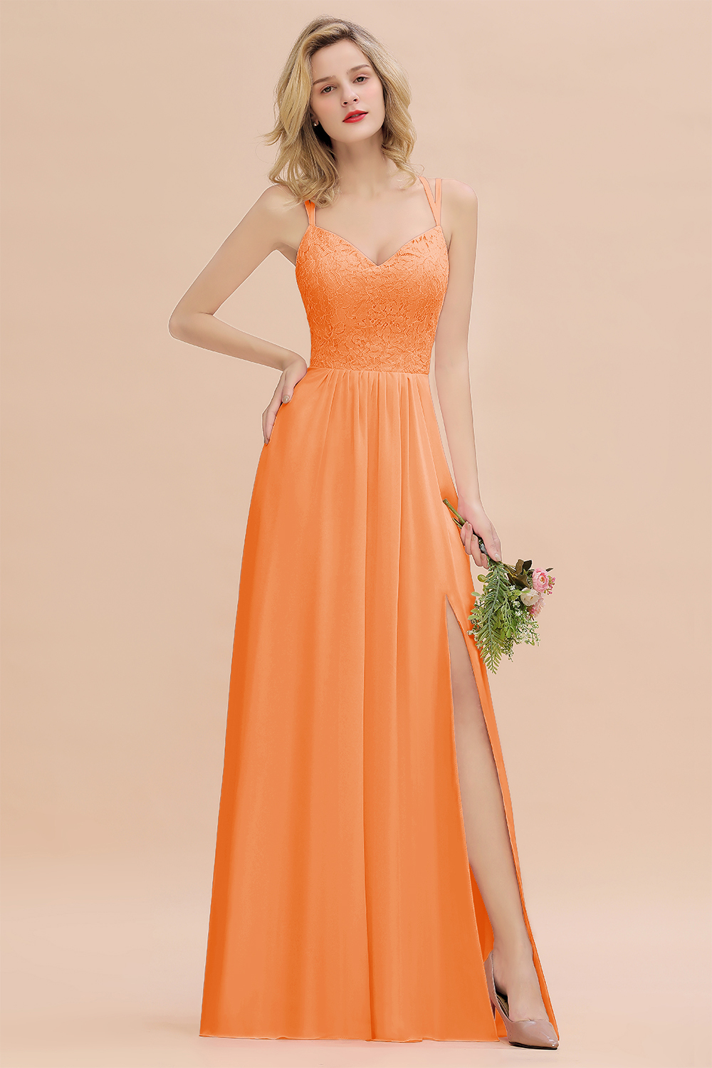 Beautiful A-Line Chiffon Spaghetti Straps Sweetheart Floor Length Split Bridesmaid Dress