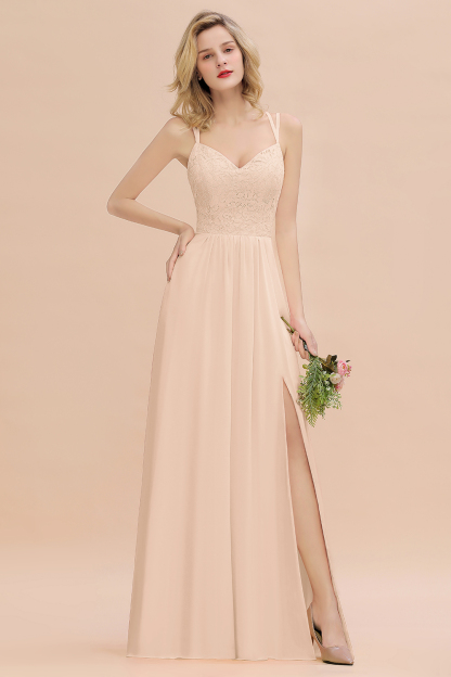 Beautiful A-Line Chiffon Spaghetti Straps Sweetheart Floor Length Split Bridesmaid Dress