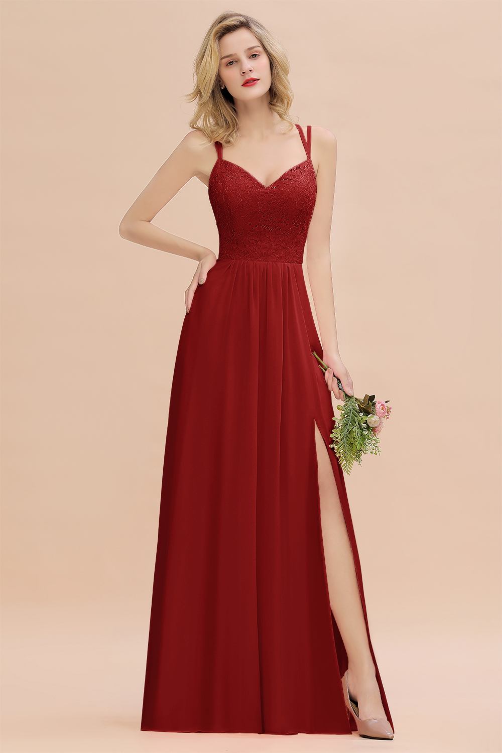 Beautiful A-Line Chiffon Spaghetti Straps Sweetheart Floor Length Split Bridesmaid Dress