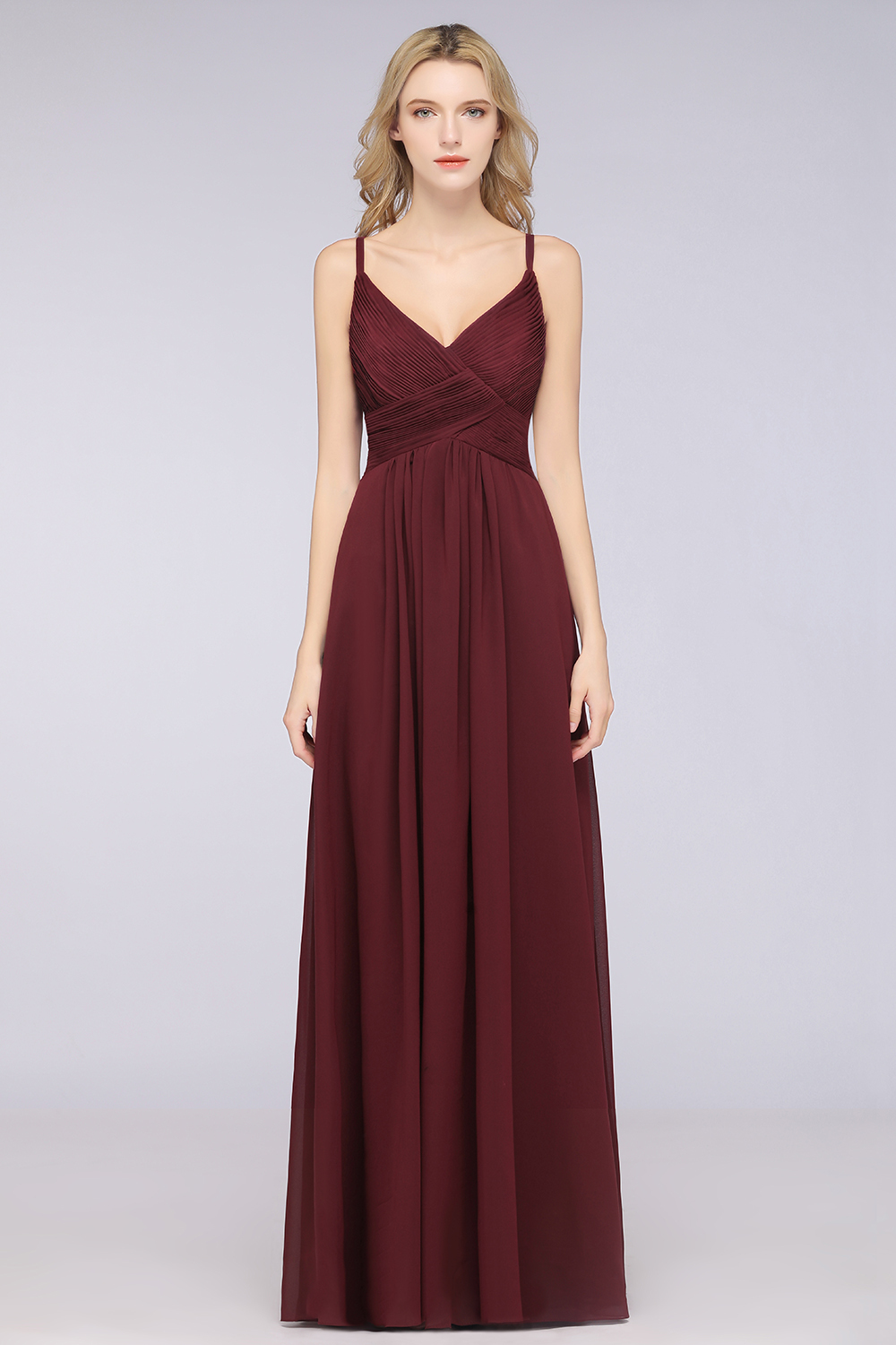 A-Line Chiffon Spaghetti-Straps V-Neck Sleeveless Floor-Length Bridesmaid Dress with Ruffles