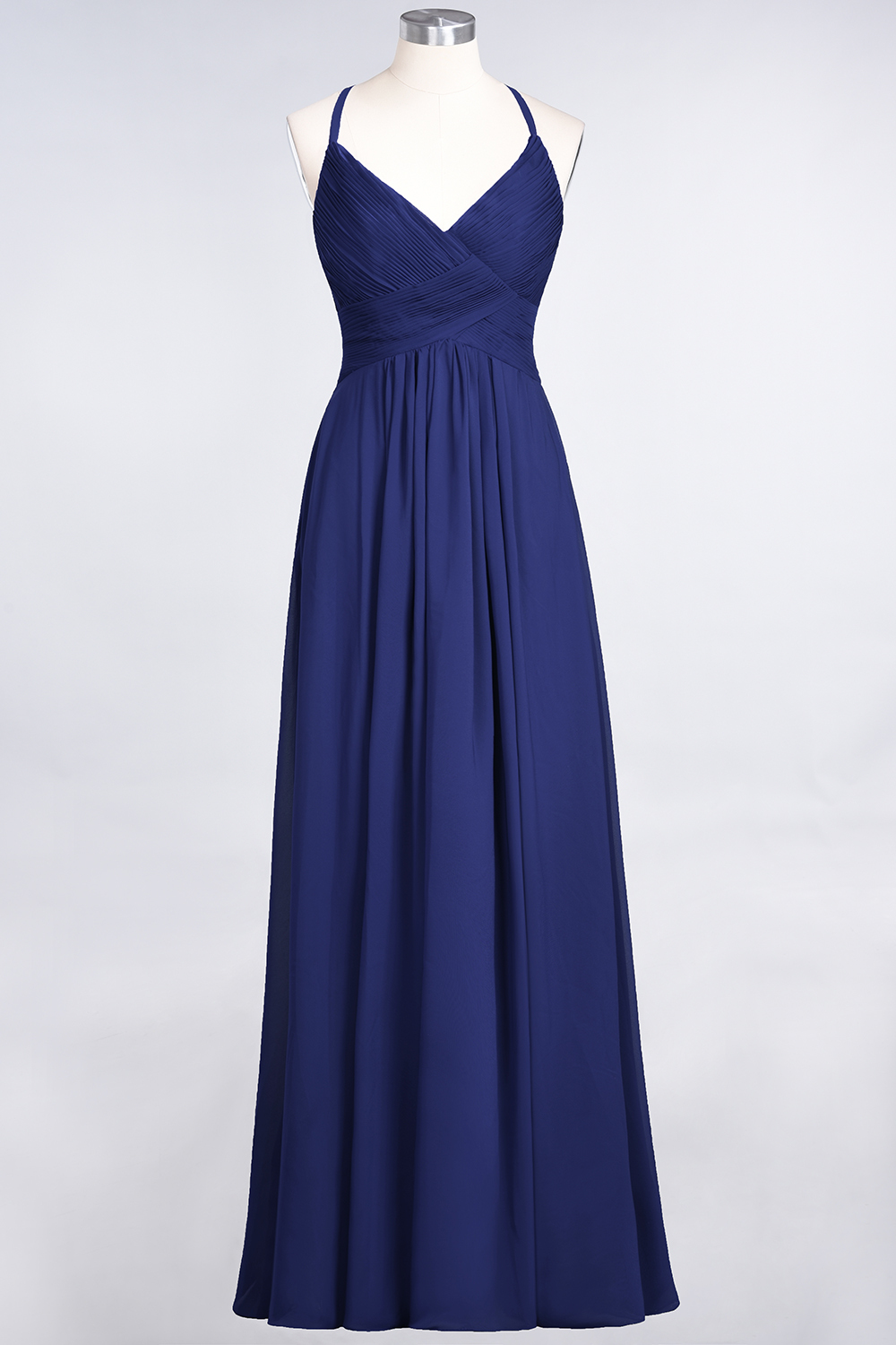 A-Line Chiffon Spaghetti-Straps V-Neck Sleeveless Floor-Length Bridesmaid Dress with Ruffles