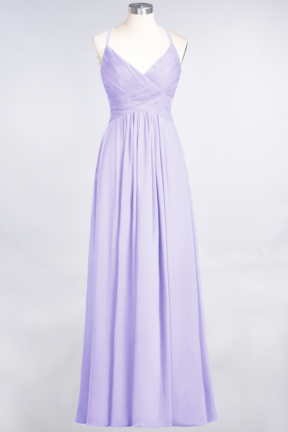A-Line Chiffon Spaghetti-Straps V-Neck Sleeveless Floor-Length Bridesmaid Dress with Ruffles