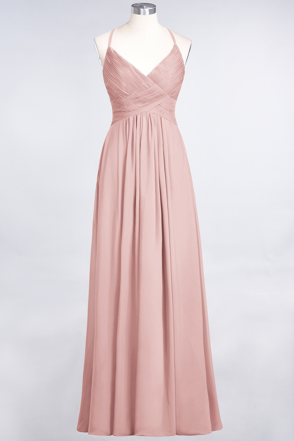 A-Line Chiffon Spaghetti-Straps V-Neck Sleeveless Floor-Length Bridesmaid Dress with Ruffles