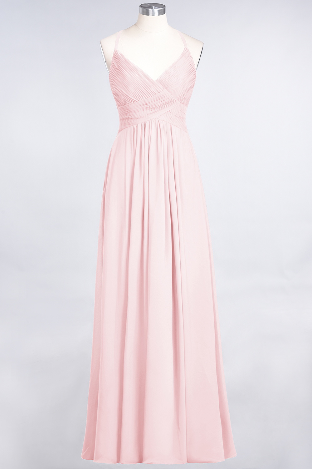 A-Line Chiffon Spaghetti-Straps V-Neck Sleeveless Floor-Length Bridesmaid Dress with Ruffles
