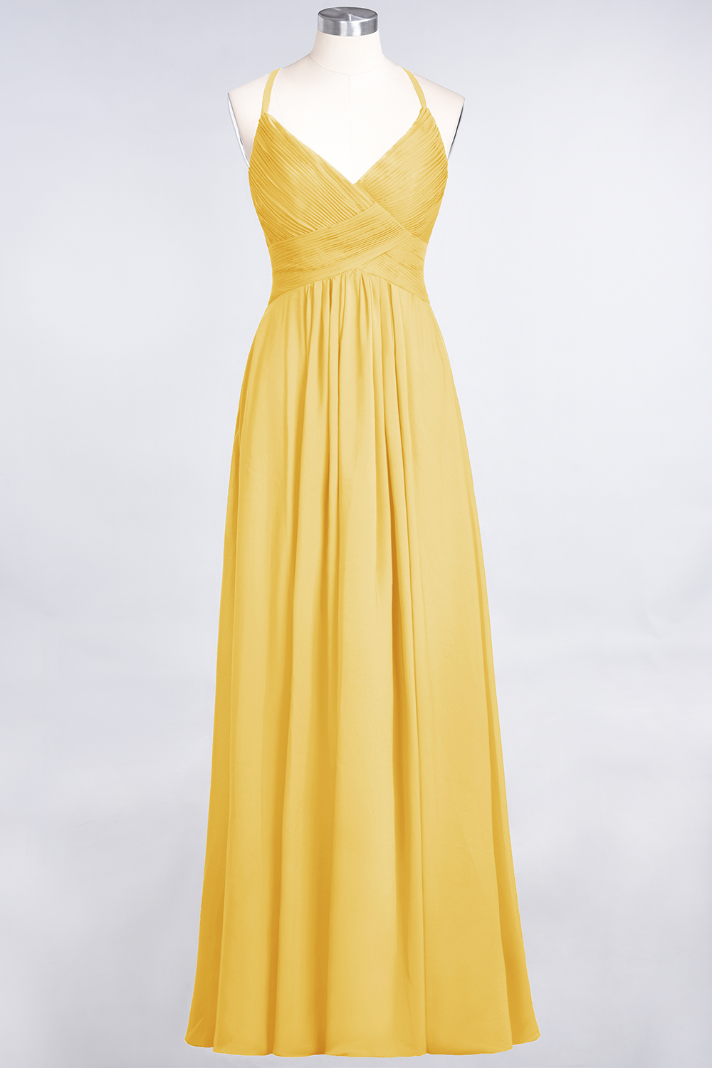 A-Line Chiffon Spaghetti-Straps V-Neck Sleeveless Floor-Length Bridesmaid Dress with Ruffles