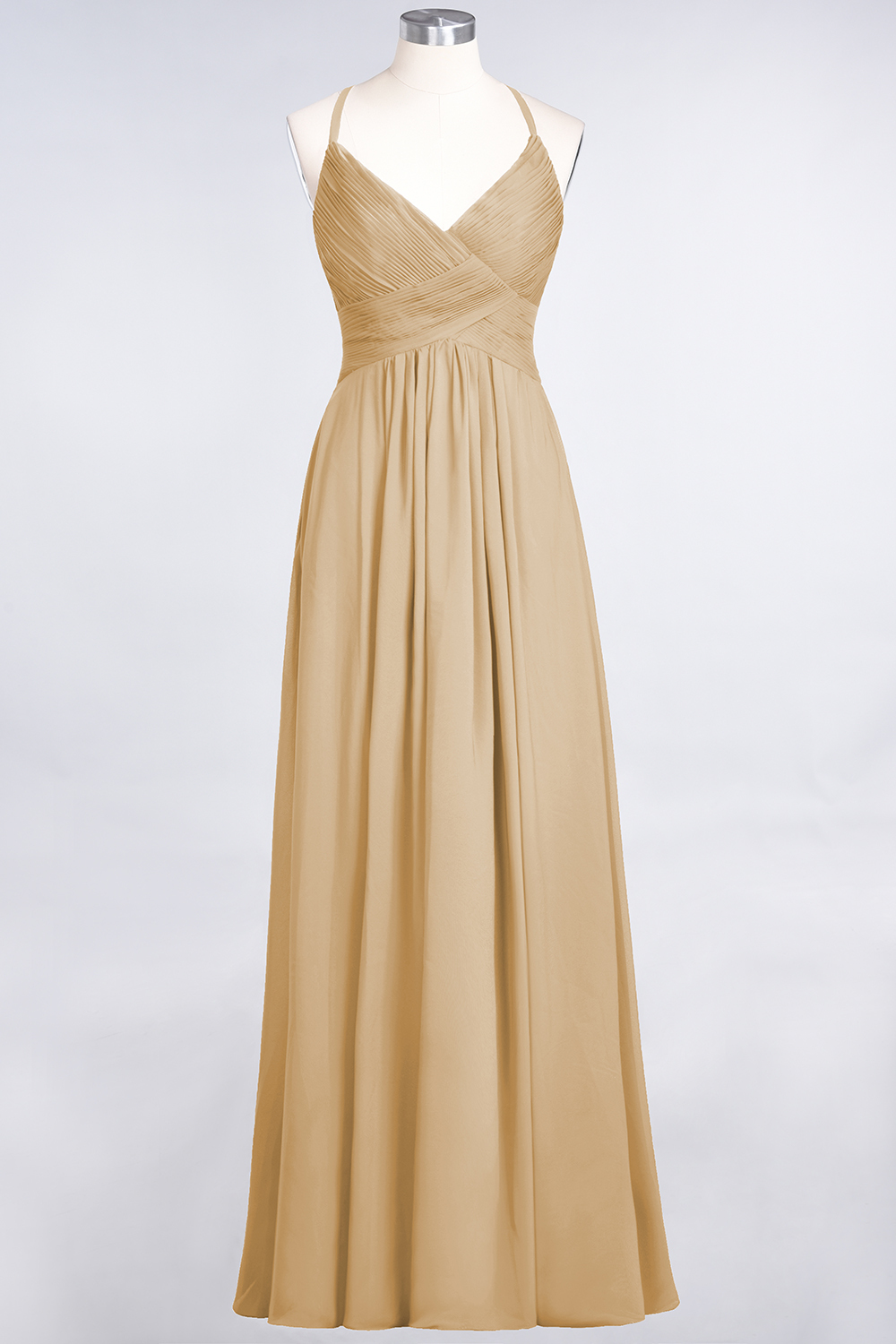A-Line Chiffon Spaghetti-Straps V-Neck Sleeveless Floor-Length Bridesmaid Dress with Ruffles